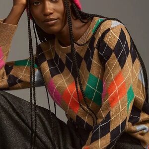 KULE x Anthropologie The Heidi Women's Brown Argyle Crewneck Sweater